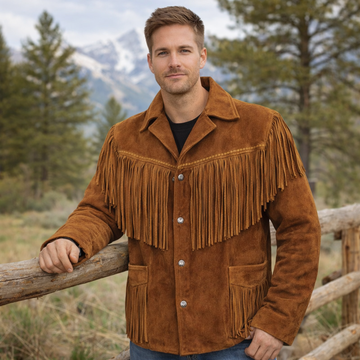 Men Western Cowboy Suede Fringe Jacket Native American Fringe Leather Jacket