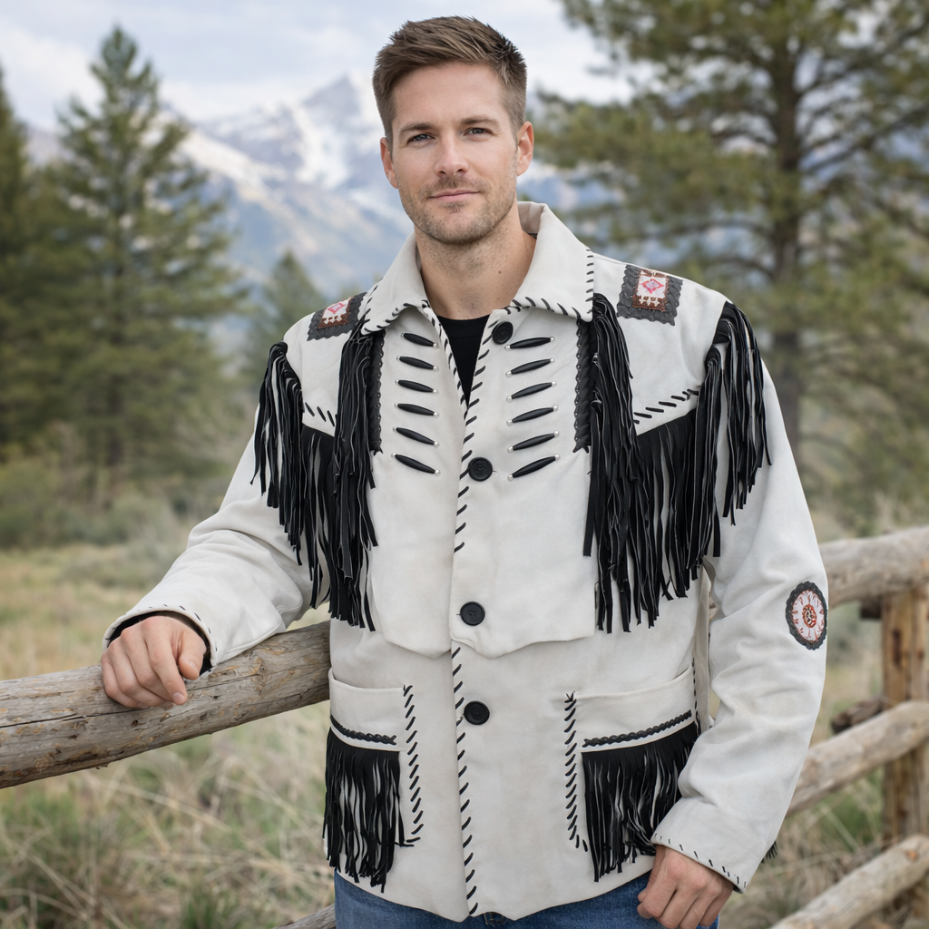 Men Western Cowboy Fringe Jacket Beaded Native American Real Leather Jacket