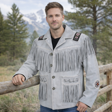 Men Western Cowboy Suede Fringe Jacket Beaded Native American Leather Jacket