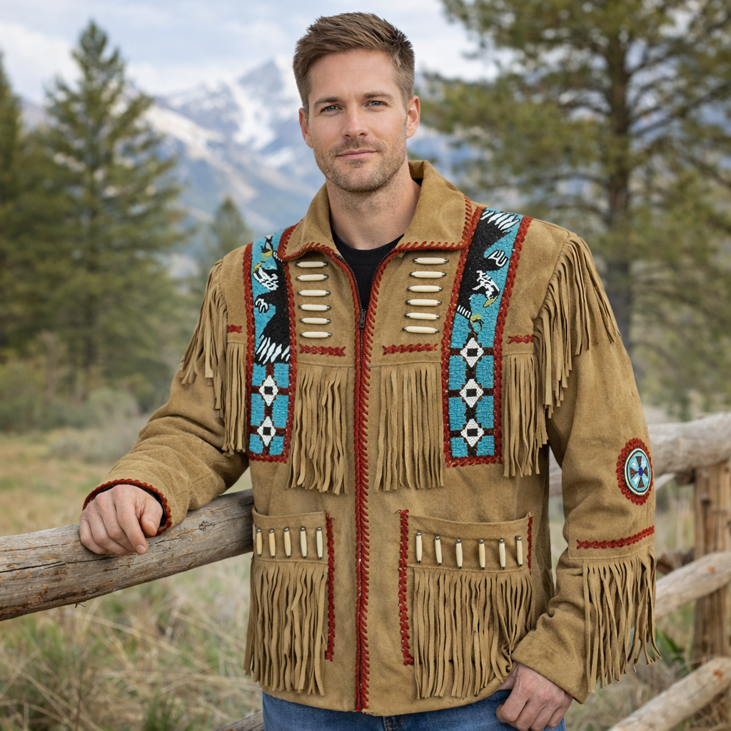 Men Western Cowboy Suede Fringe Jacket Beaded Native American Leather Jacket