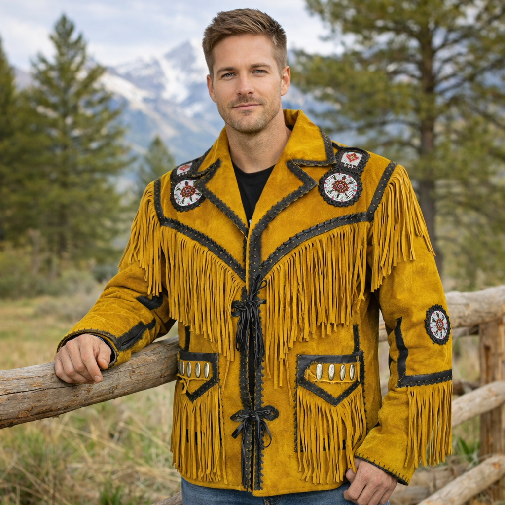 Men Western Cowboy Suede Fringe Jacket Beaded Native American Leather Jacket