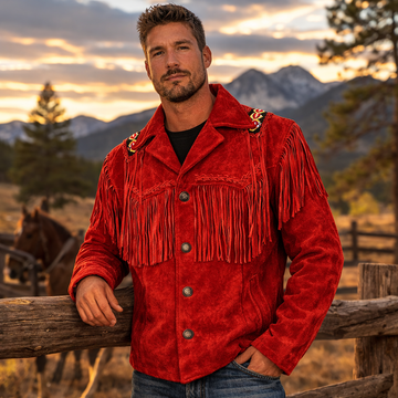 Men Western Cowboy Suede Fringe Jacket Beaded Native American Leather Jacket