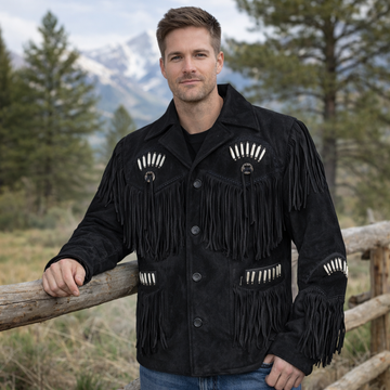 Men Western Cowboy Suede Fringe Jacket Beaded Native American Leather Jacket