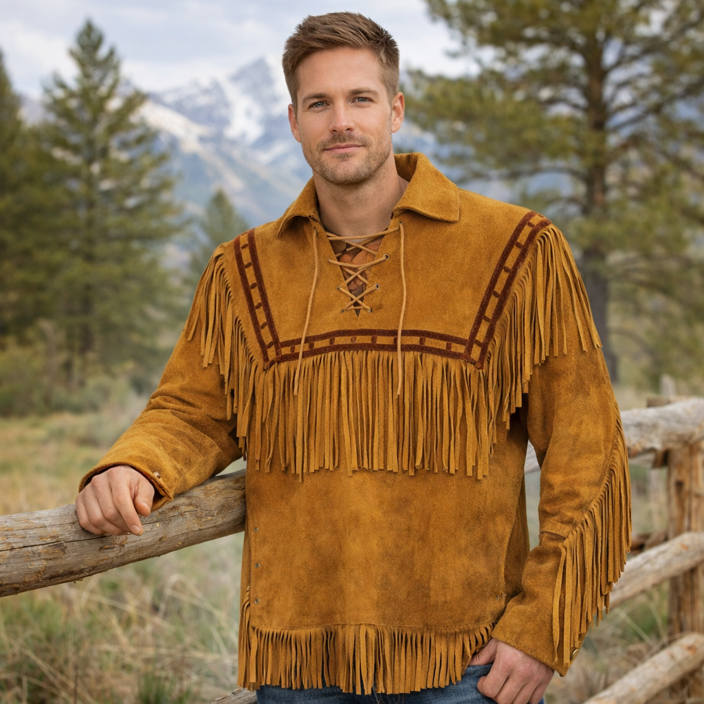 Men Western Cowboy Suede Fringe Shirt Native American Fringe Leather Jacket