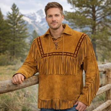 Men Western Cowboy Suede Fringe Shirt Native American Fringe Leather Jacket