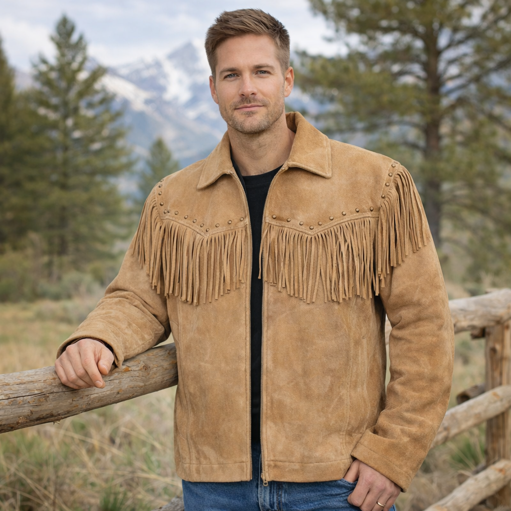 Men Western Cowboy Suede Fringe Jacket Native American Fringe Leather Jacket
