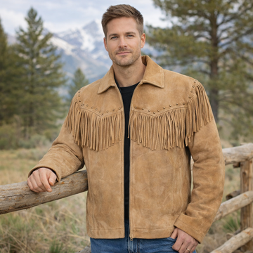 Men Western Cowboy Suede Fringe Jacket Native American Fringe Leather Jacket