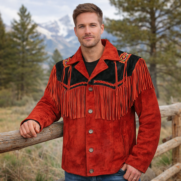 Men Western Cowboy Suede Fringe Jacket Beaded Native American Leather Jacket