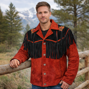 Men Western Cowboy Suede Fringe Jacket Beaded Native American Leather Jacket