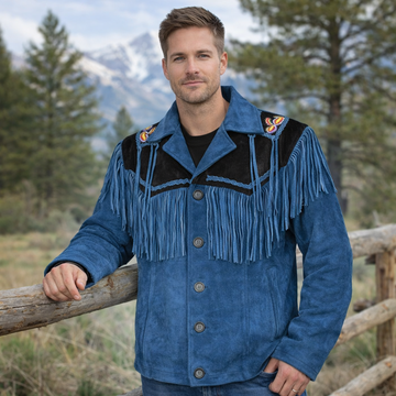 Men Western Cowboy Suede Fringe Jacket Beaded Native American Leather Jacket