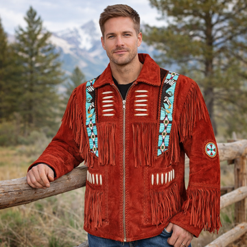 Men Western Cowboy Suede Fringe Jacket Beaded Native American Leather Jacket