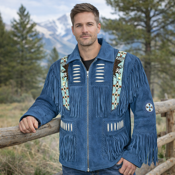 Men Western Cowboy Suede Fringe Jacket Beaded Native American Leather Jacket