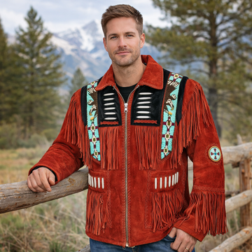 Men Western Cowboy Suede Fringe Jacket Beaded Native American Leather Jacket