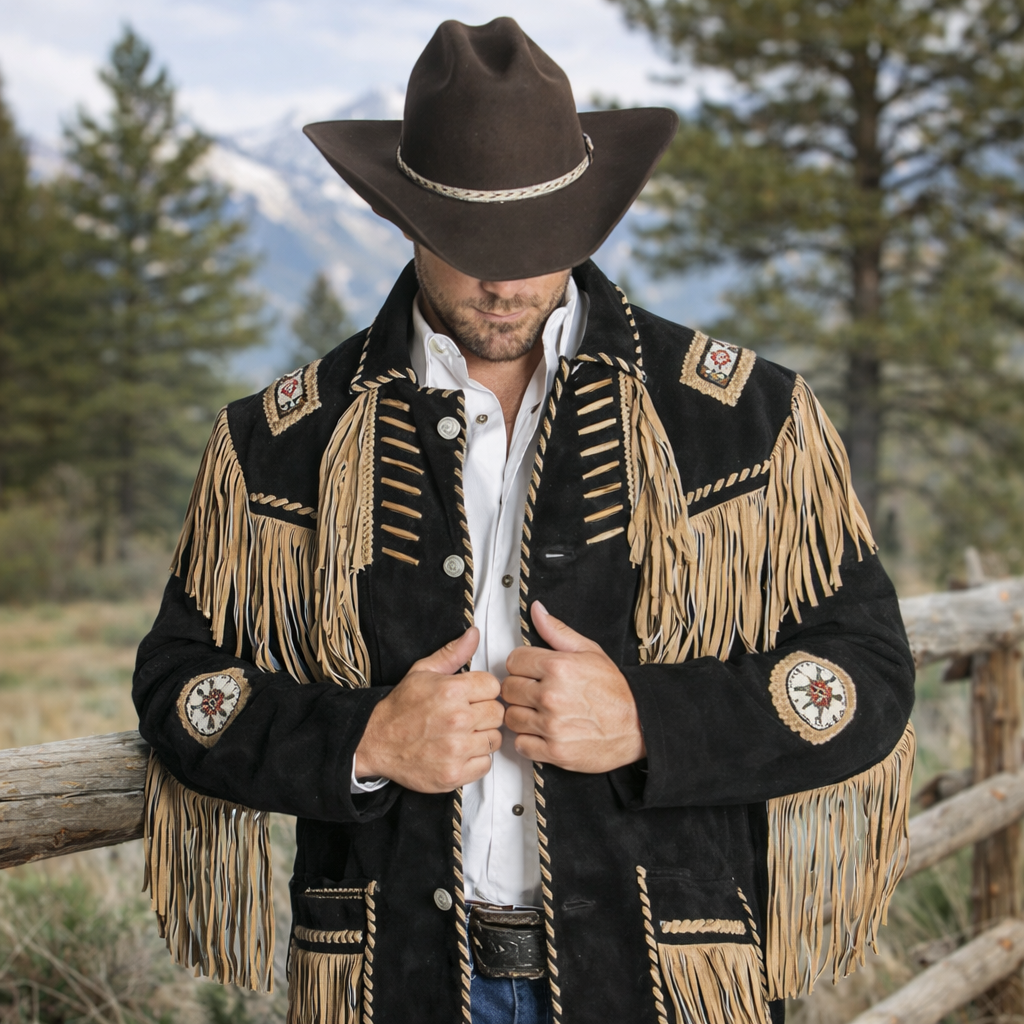 Men Western Cowboy Suede Fringe Jacket Beaded Native American Leather Jacket