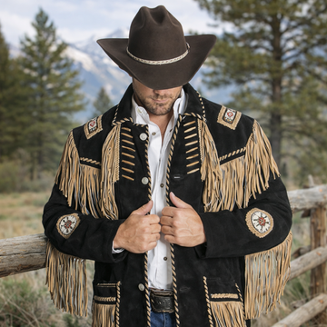 Men Western Cowboy Suede Fringe Jacket Beaded Native American Leather Jacket