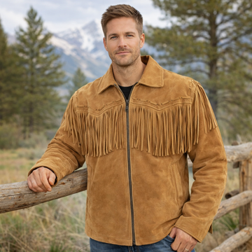 Men Western Cowboy Suede Fringe Jacket Native American Fringe Leather Jacket