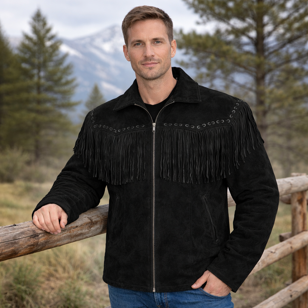 Men Western Cowboy Suede Fringe Jacket Native American Fringe Leather Jacket
