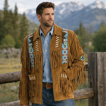 Men Western Cowboy Suede Fringe Jacket Beaded Native American Leather Jacket