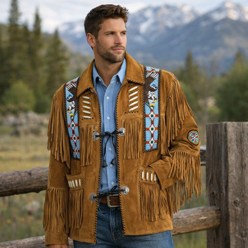 Men Western Cowboy Suede Fringe Jacket Beaded Native American Leather Jacket