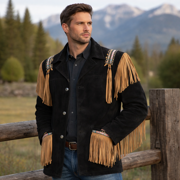 Men Western Cowboy Suede Fringe Jacket Beaded Native American Leather Jacket