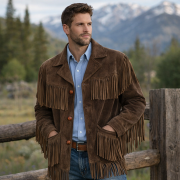 Men Western Cowboy Suede Fringe Jacket Native American Fringe Leather Jacket