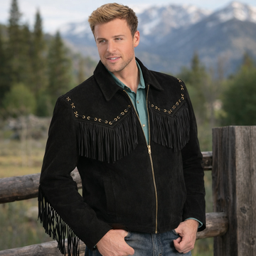 Men Western Cowboy Suede Fringe Jacket Native American Fringe Leather Jacket