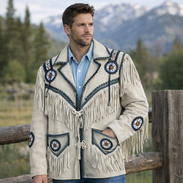 Men Western Cowboy Suede Fringe Jacket Beaded Native American Leather Jacket