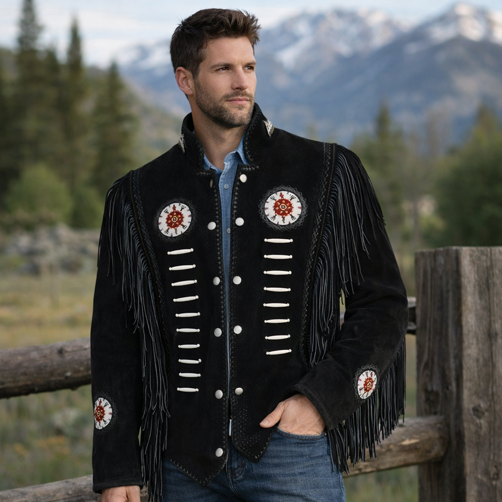 Men Western Cowboy Suede Fringe Jacket Beaded Native American Leather Jacket