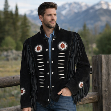 Men Western Cowboy Suede Fringe Jacket Beaded Native American Leather Jacket