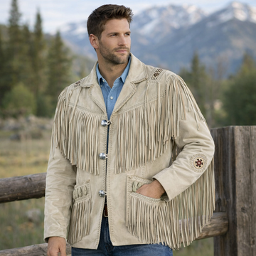 Men Western Cowboy Suede Fringe Jacket Beaded Native American Leather Jacket