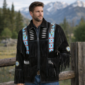 Men Western Cowboy Suede Fringe Jacket Beaded Native American Leather Jacket