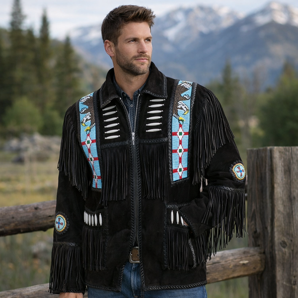 Men Western Cowboy Suede Fringe Jacket Beaded Native American Leather Jacket
