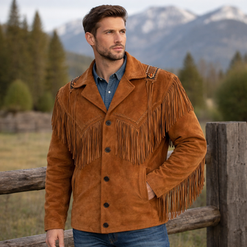 Men Western Cowboy Suede Fringe Jacket Beaded Native American Leather Jacket