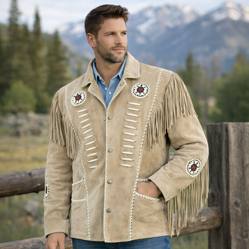 Men Western Cowboy Suede Fringe Jacket Beaded Native American Leather Jacket