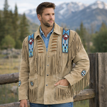 Men Western Cowboy Suede Fringe Jacket Beaded Native American Leather Jacket