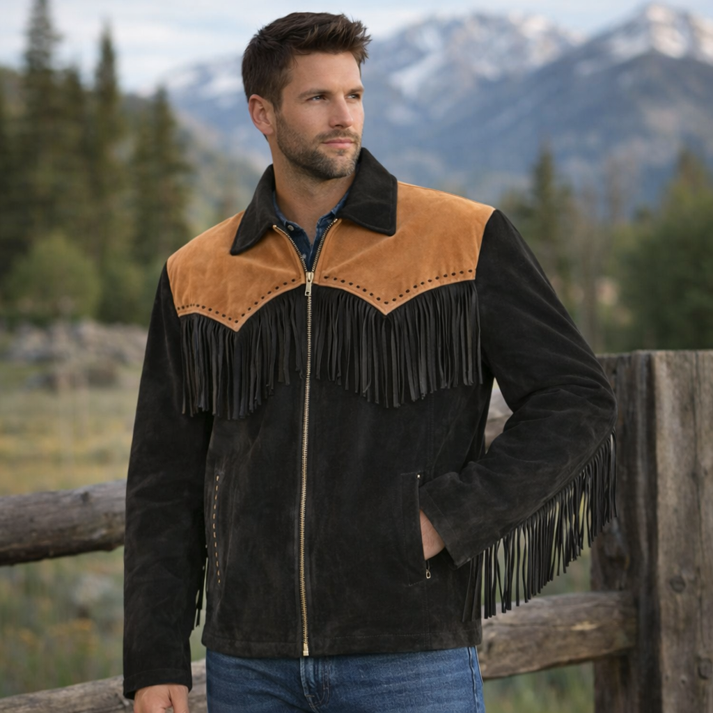 Men Western Cowboy Suede Fringe Jacket Native American Fringe Leather Jacket