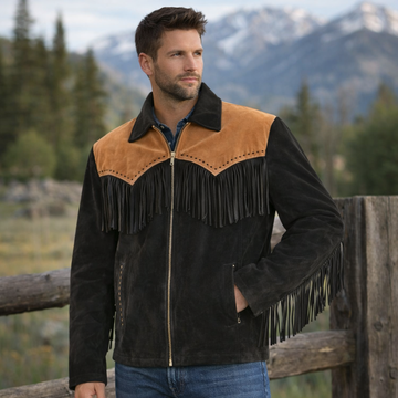 Men Western Cowboy Suede Fringe Jacket Native American Fringe Leather Jacket