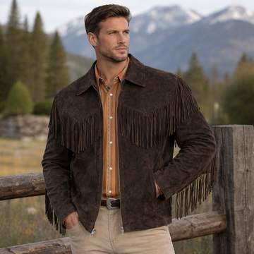 Men Western Cowboy Suede Fringe Jacket Native American Fringe Leather Jacket