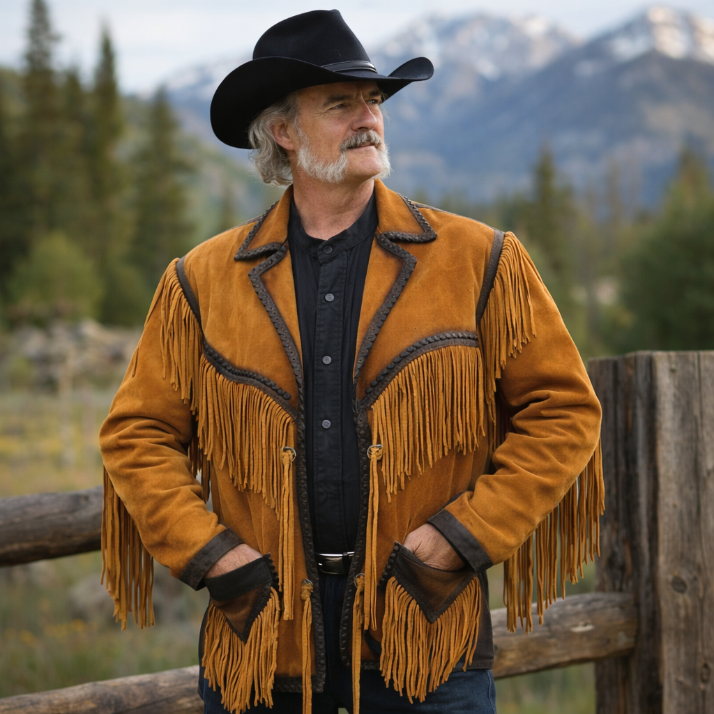 Men Western Cowboy Suede Fringe Jacket Native American Fringe Leather Jacket