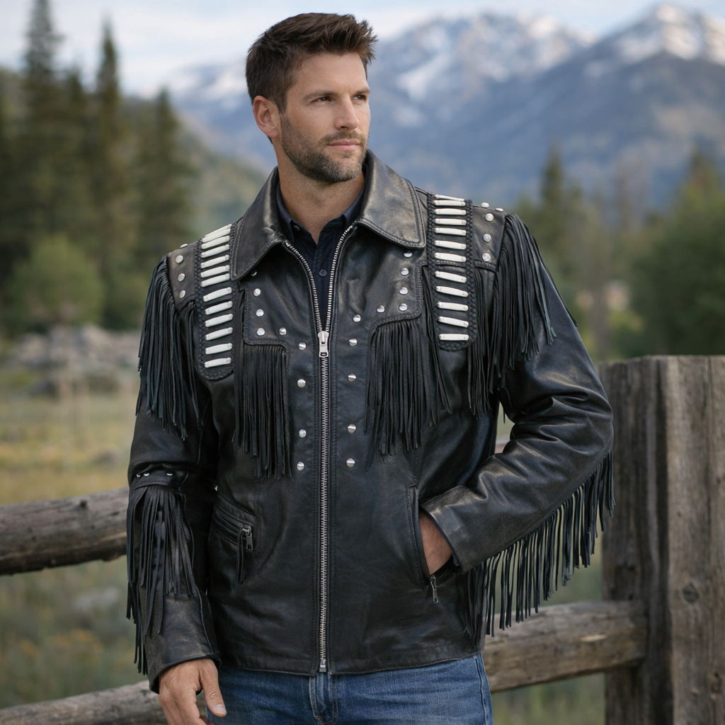 Men Western Cowboy Fringe Jacket Beaded Native American Real Leather Jacket