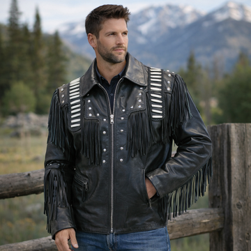 Men Western Cowboy Fringe Jacket Beaded Native American Real Leather Jacket