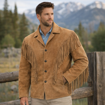 Men Western Cowboy Suede Fringe Jacket Native American Fringe Leather Jacket