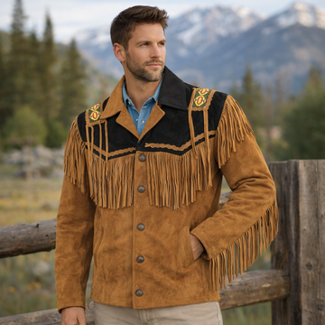 Men Western Cowboy Suede Fringe Jacket Beaded Native American Leather Jacket