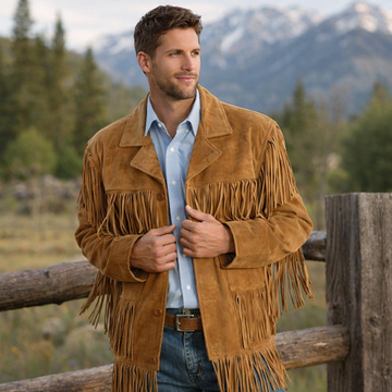 Men Western Cowboy Suede Fringe Jacket Native American Fringe Leather Jacket