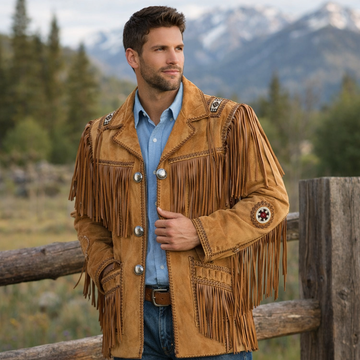 Men Western Cowboy Suede Fringe Jacket Beaded Native American Leather Jacket
