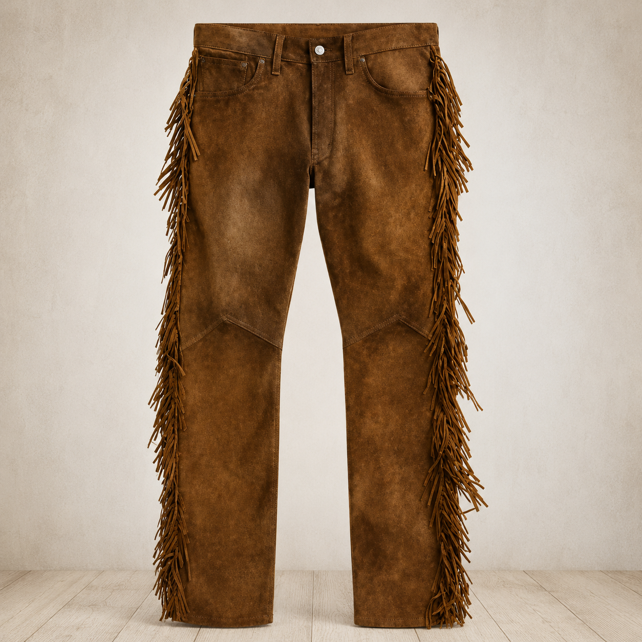 Men Native American Western Cowboy Leather Pants Full Leg Fringe Suede Leather