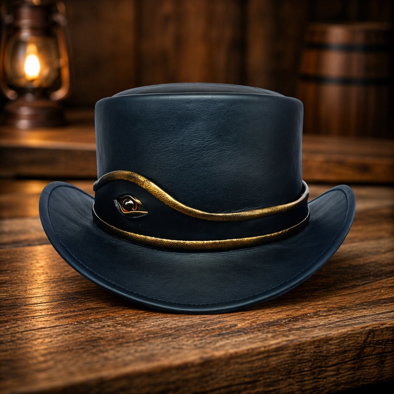Steampunk Leather Top Hat Black, El Dorado Hat With Golden Eye Band Bikers Hat