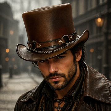 Brown Steampunk Leather Top Hat Handmade Genuine Leather Gothic Biker Chain Band