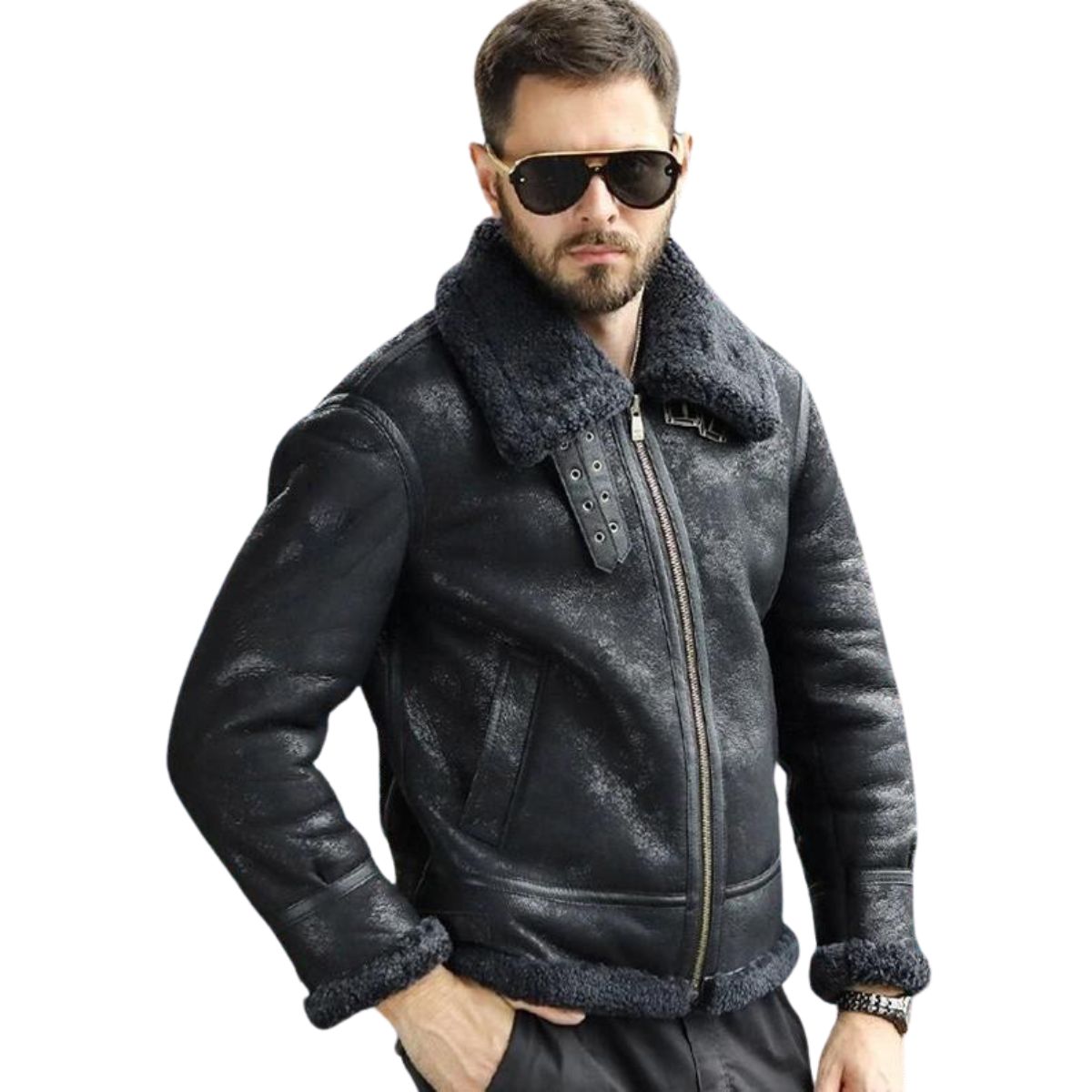 B3 Bomber Black Fur Leather Shearling Jackets