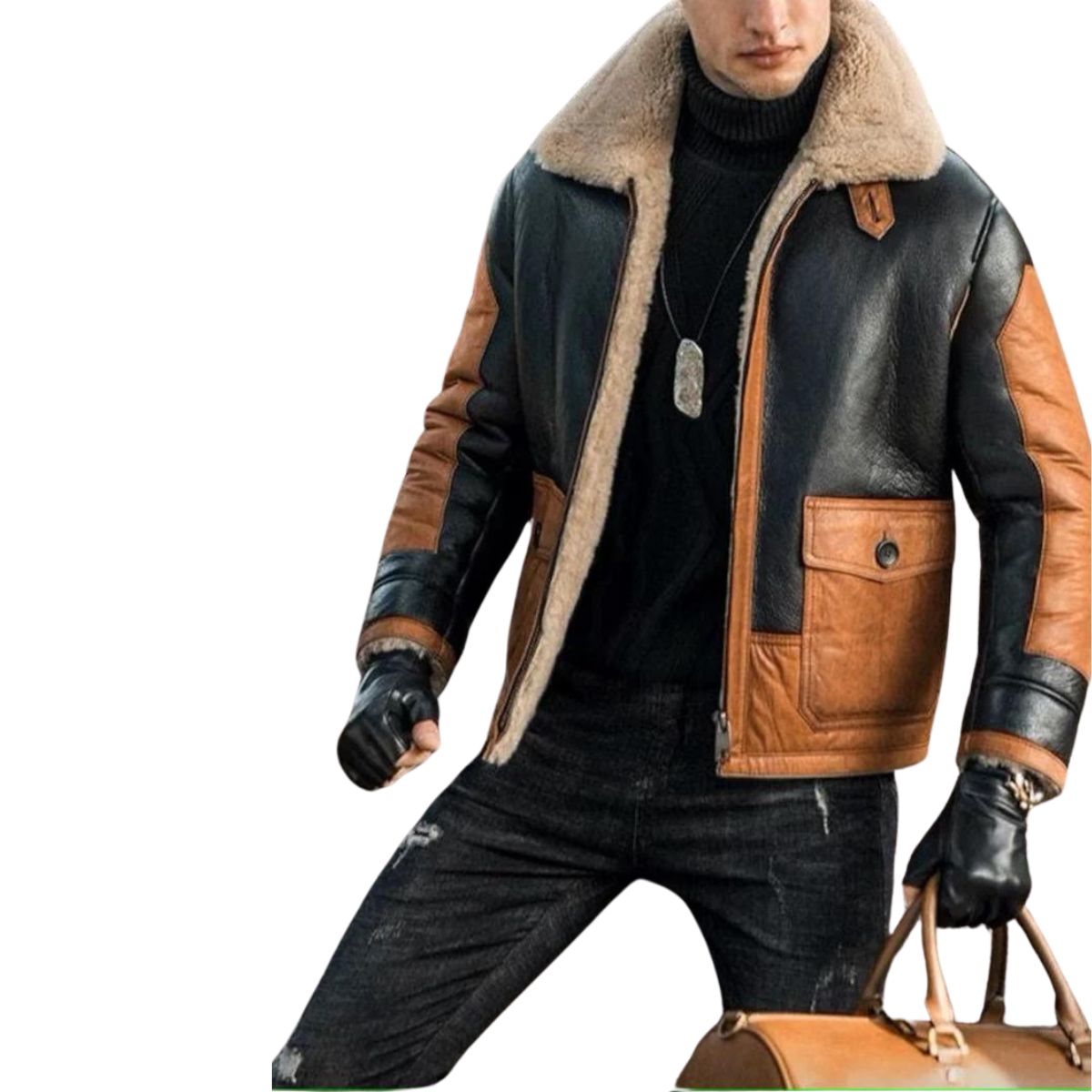 Men’s B3 Black Bomber Shearling Two Tone Style Leather Jacket